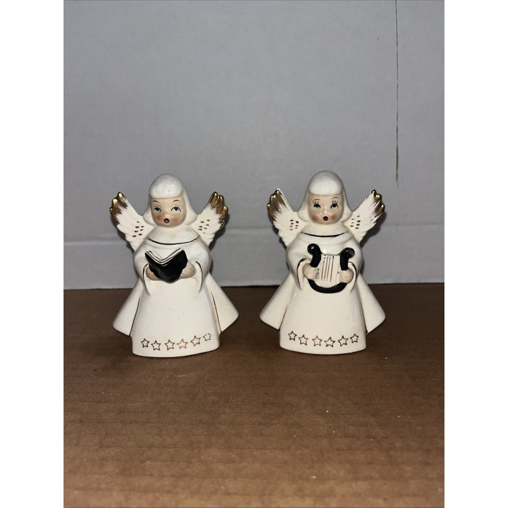 Vtg Made in Japan Ceramic Christmas White Gold Angel Figurines β MCM 1950s